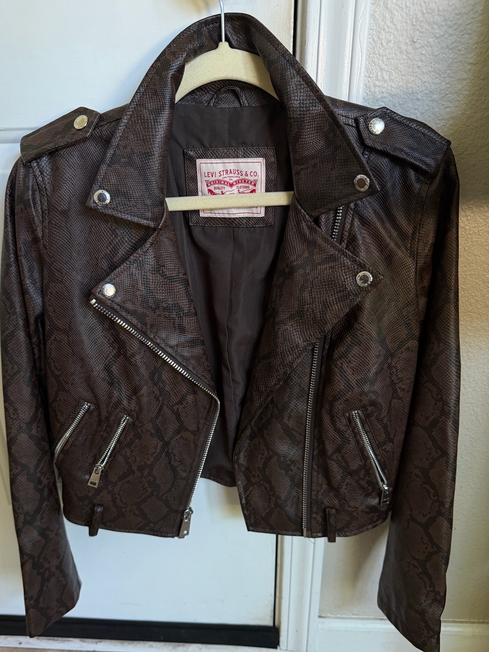 Levi’s Snake Print Faux Leather Moto Jacket XS Brown Cropped Biker Y2K